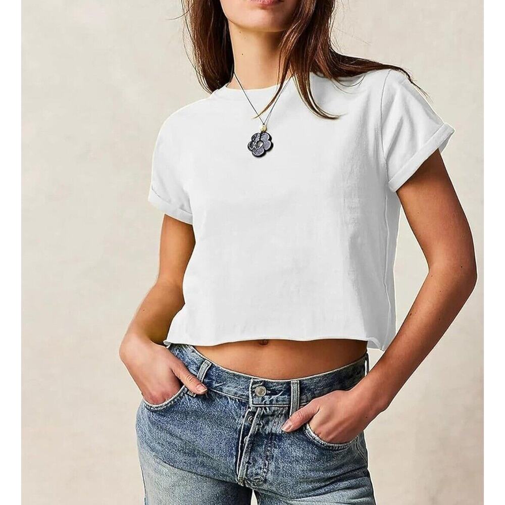 Aoang Womens Summer Crop Top Short Sleeve Round Neck T-Shirt Loose Fit Small